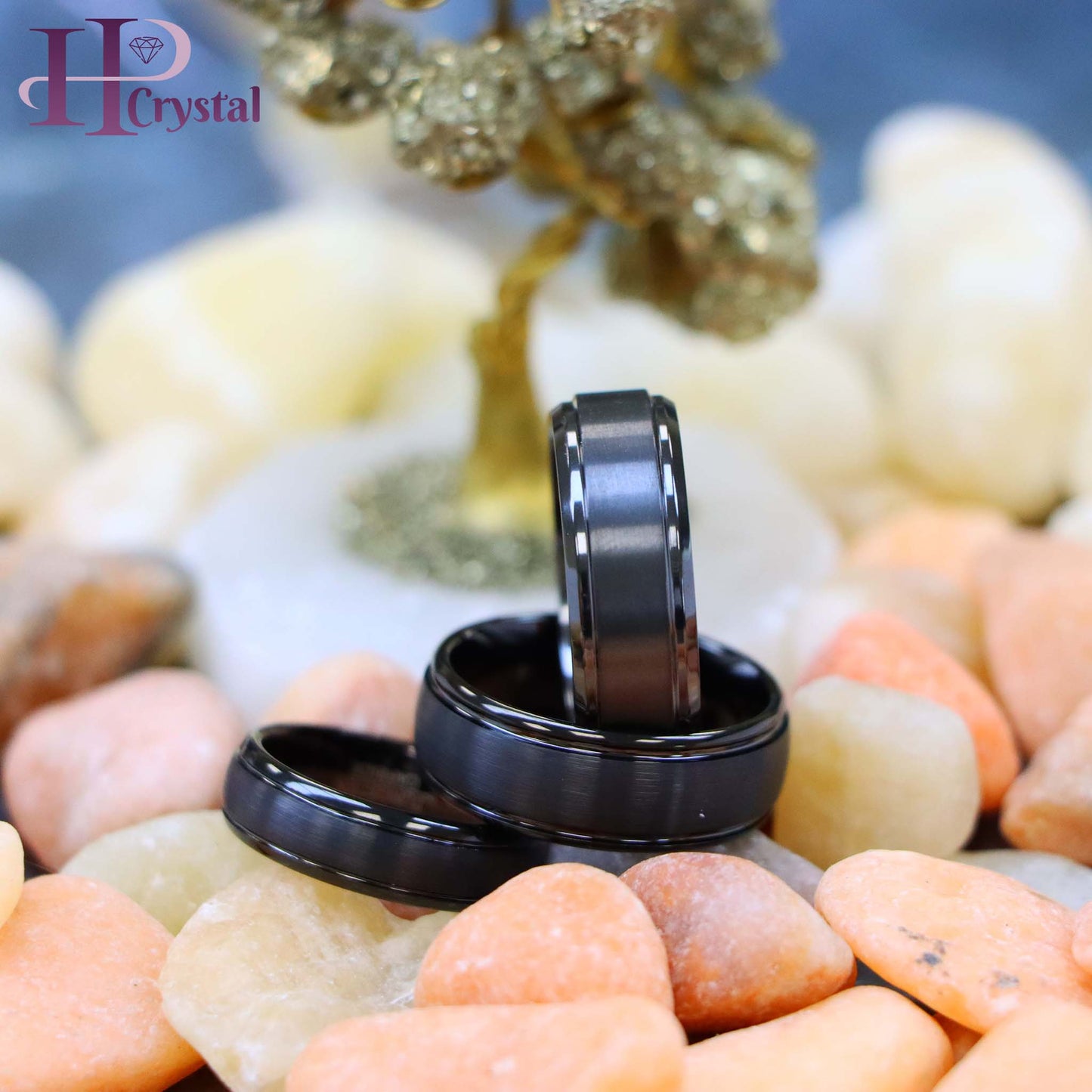 Domed Black IP Plated Brushed Center High Polished Grooved Edge Tungsten Ring Zirconium Natural Gun Metal Tone Ring