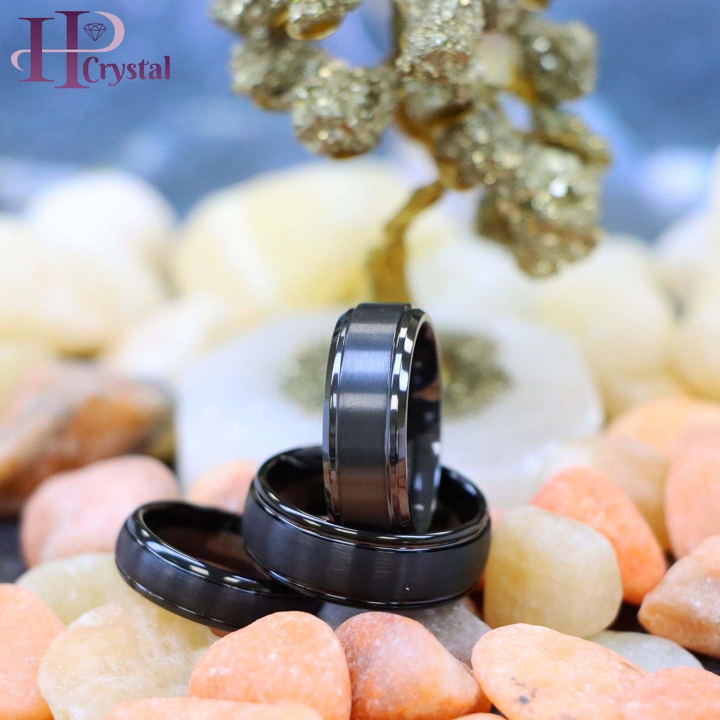 Domed Black IP Plated Brushed Center High Polished Grooved Edge Tungsten Ring Zirconium Natural Gun Metal Tone Ring
