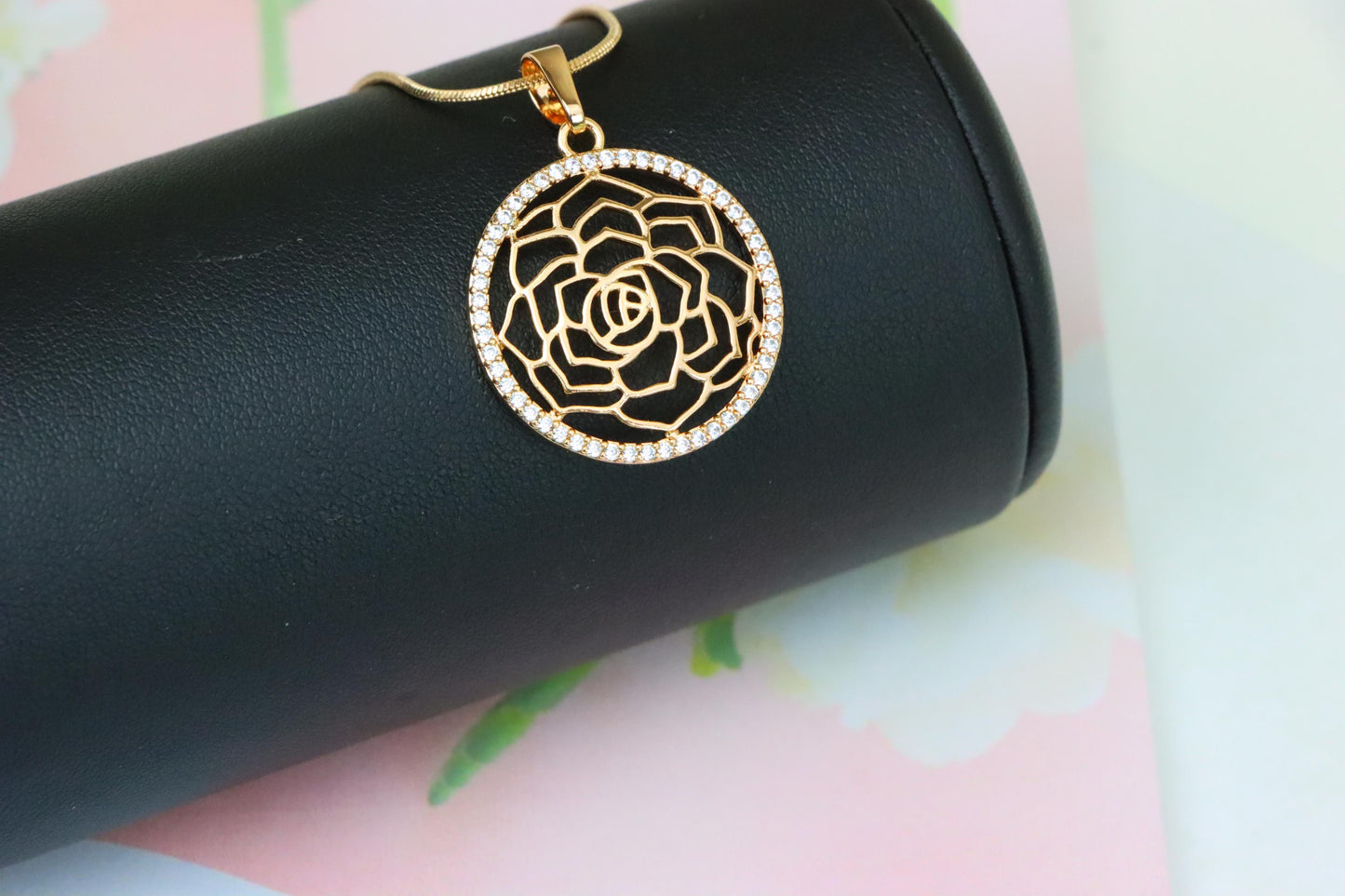 Rose Gold Floral Round Pendant with Cubic Zirconia Halo Accent, XPPT1238 (2124-4)