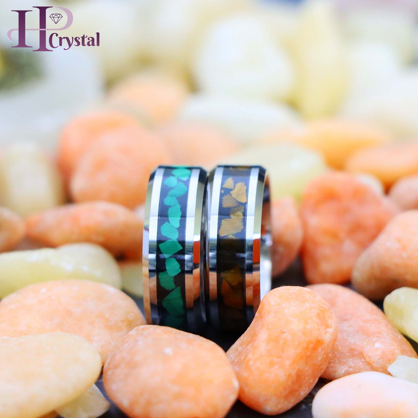 Beveled Edge with Malachite Chips Inlay/Tiger Eye Chips Inlay Tungsten Ring