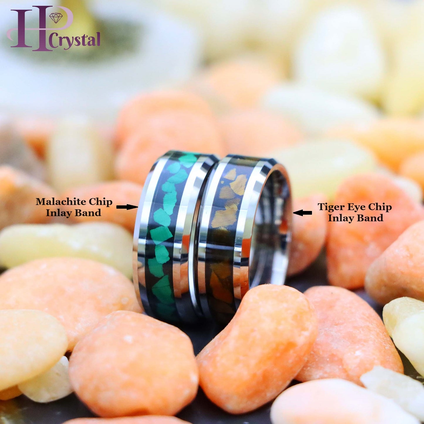 Beveled Edge with Malachite Chips Inlay/Tiger Eye Chips Inlay Tungsten Ring