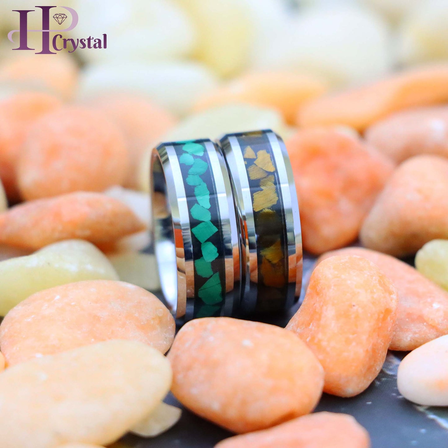 Beveled Edge with Malachite Chips Inlay/Tiger Eye Chips Inlay Tungsten Ring