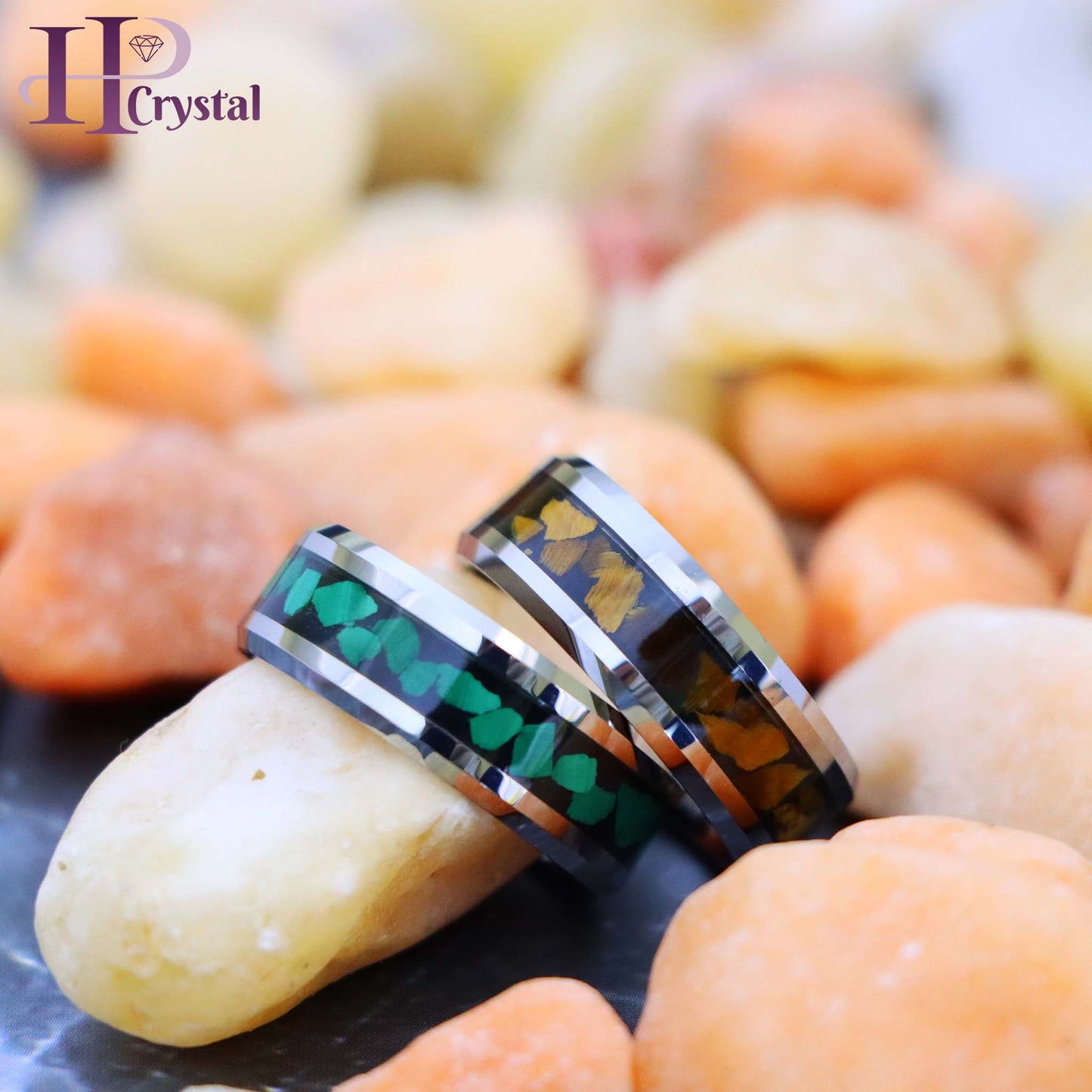 Beveled Edge with Malachite Chips Inlay/Tiger Eye Chips Inlay Tungsten Ring