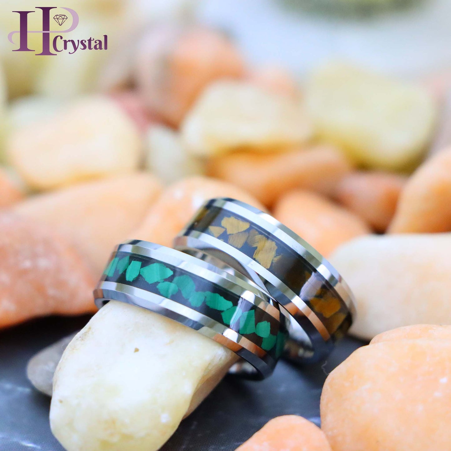 Beveled Edge with Malachite Chips Inlay/Tiger Eye Chips Inlay Tungsten Ring