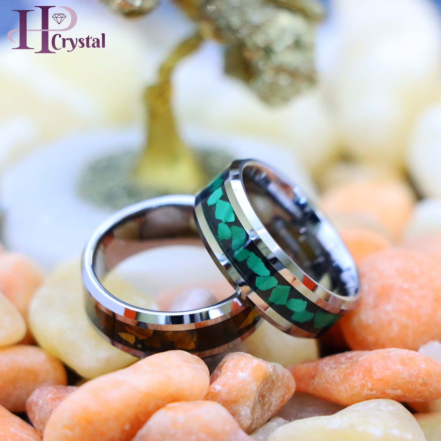 Beveled Edge with Malachite Chips Inlay/Tiger Eye Chips Inlay Tungsten Ring
