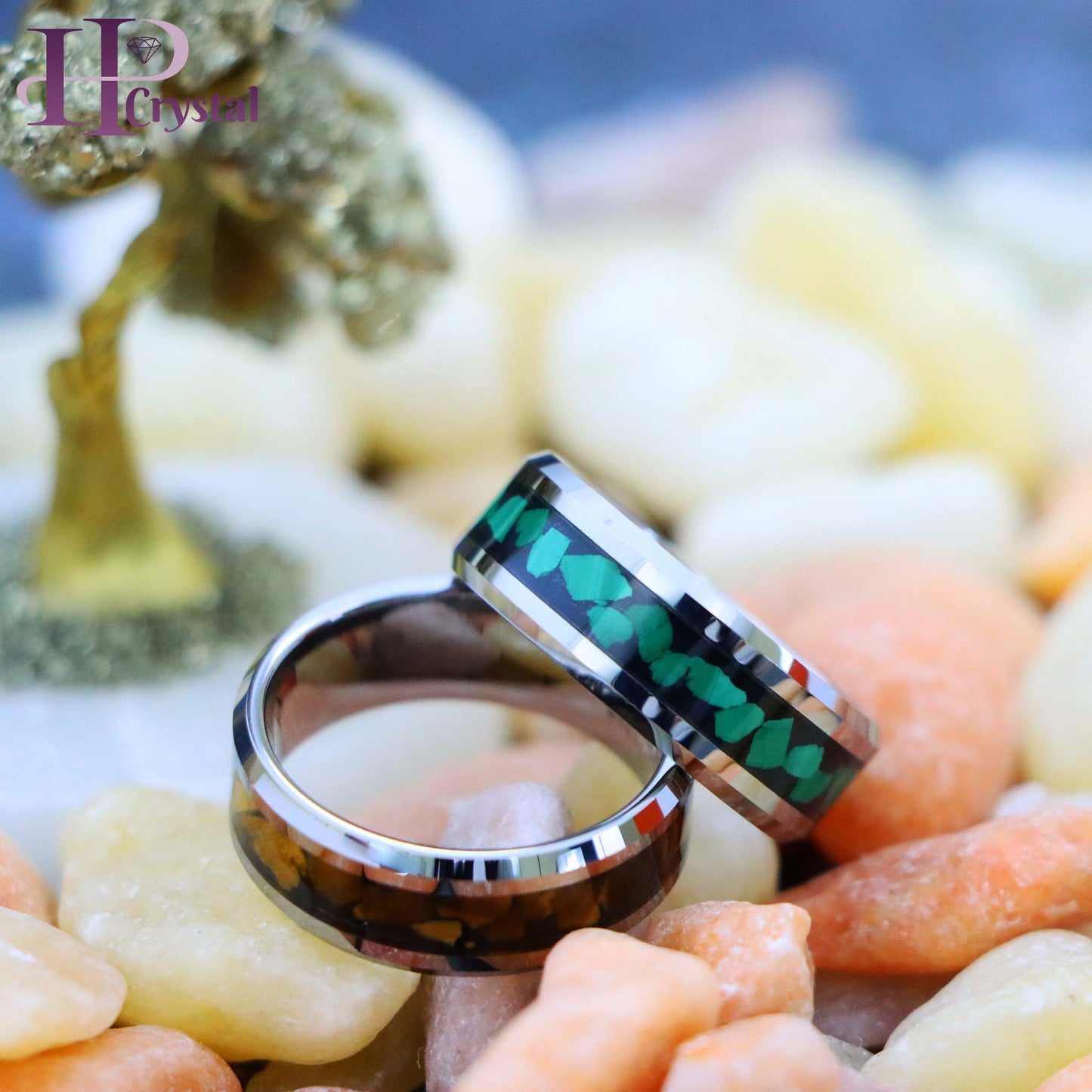 Beveled Edge with Malachite Chips Inlay/Tiger Eye Chips Inlay Tungsten Ring