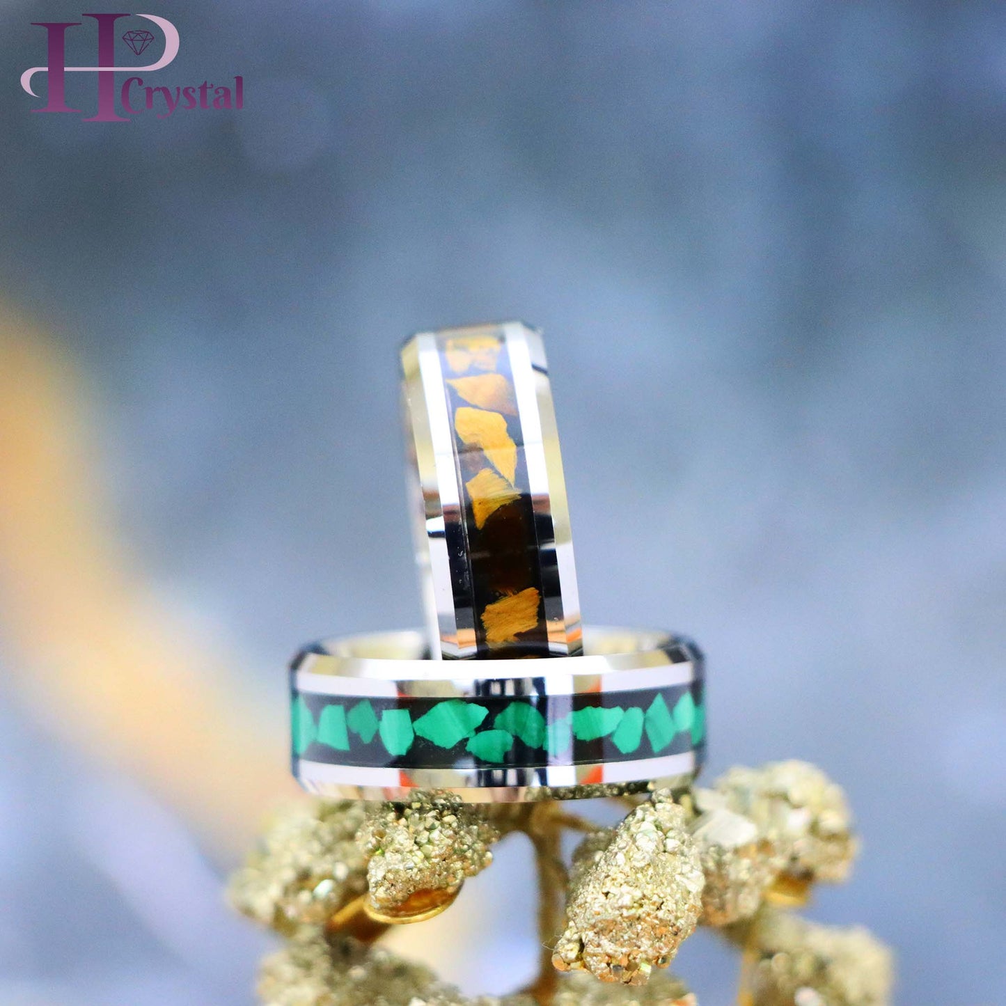 Beveled Edge with Malachite Chips Inlay/Tiger Eye Chips Inlay Tungsten Ring