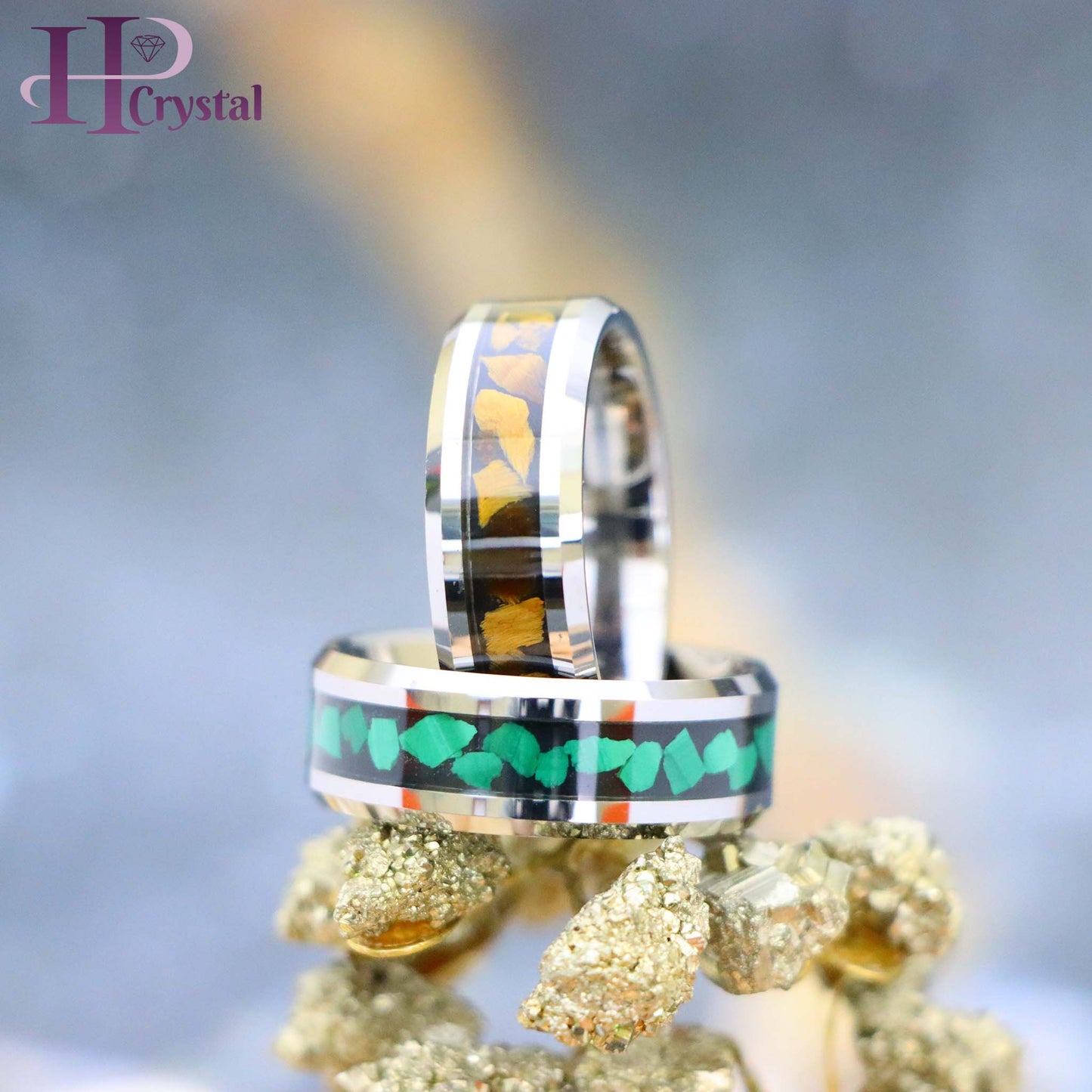 Beveled Edge with Malachite Chips Inlay/Tiger Eye Chips Inlay Tungsten Ring