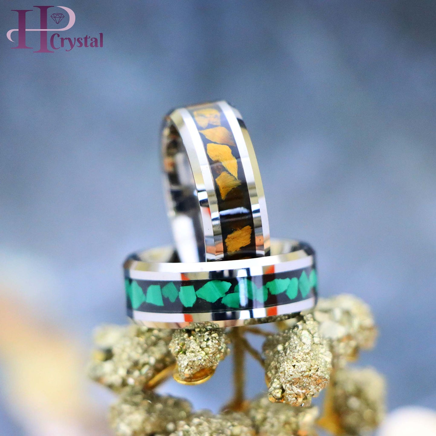Beveled Edge with Malachite Chips Inlay/Tiger Eye Chips Inlay Tungsten Ring