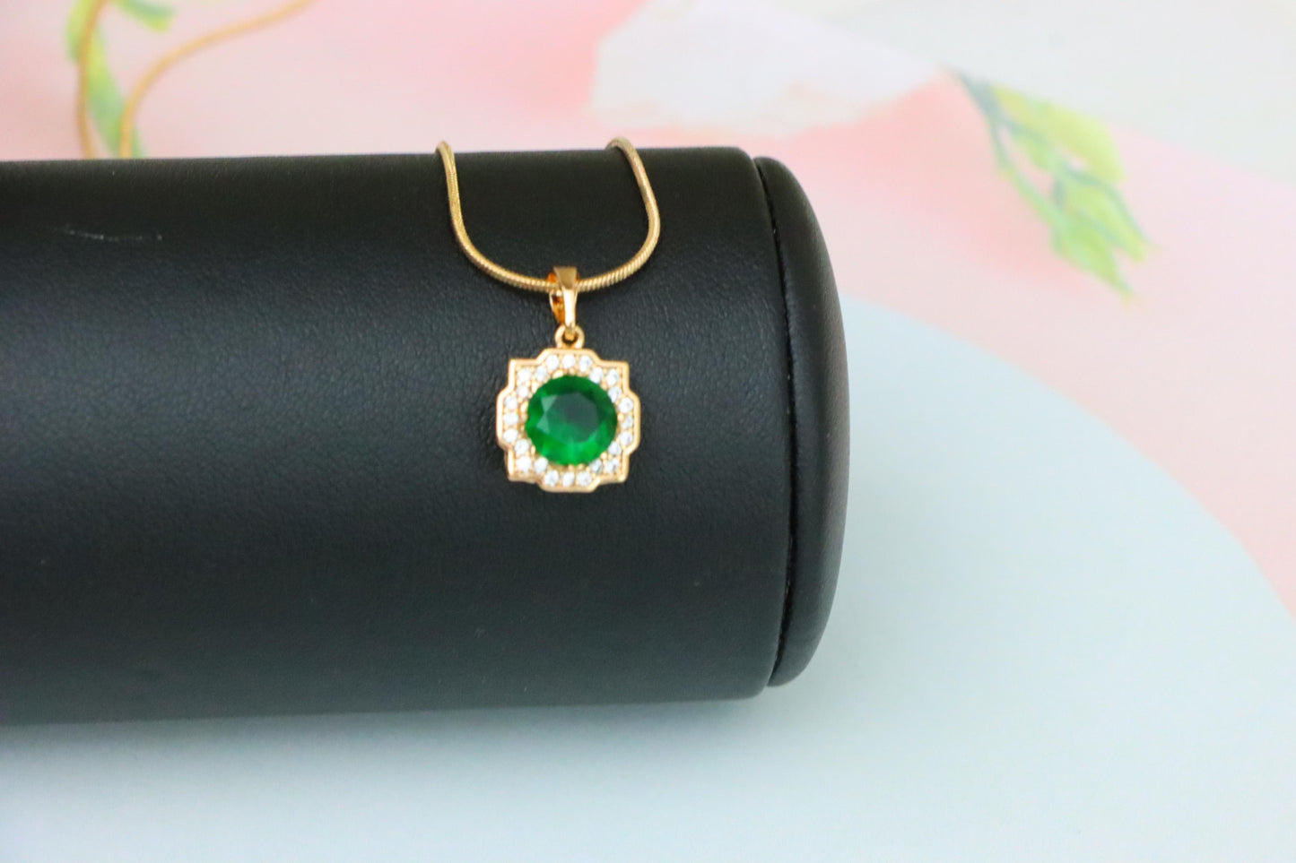 Green Round-Cut Pendant with Halo in Rose Gold, XPPT1634 (2149-6)