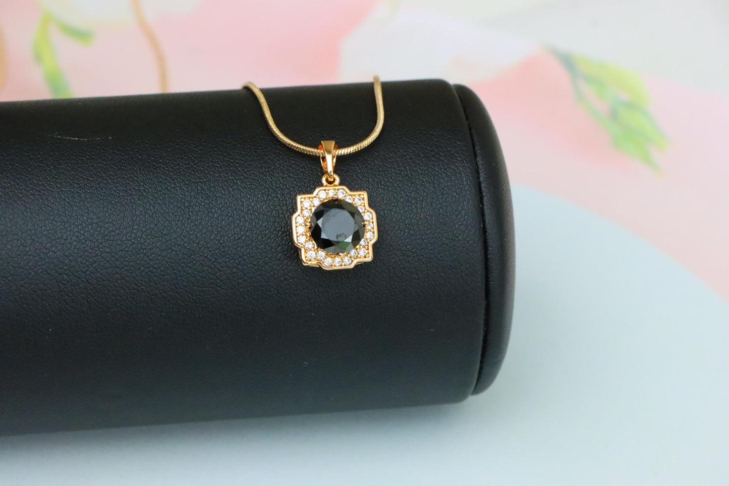 Black Round Pendant with White Halo in Rose Gold, XPPT1635 (2149-6)