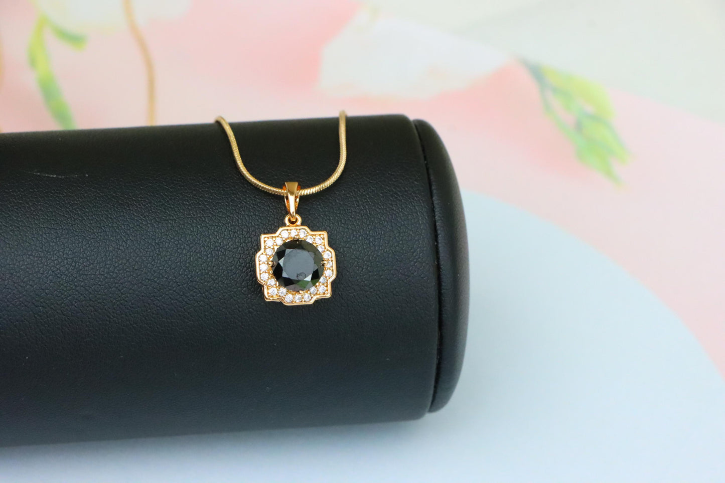 Black Round Pendant with White Halo in Rose Gold, XPPT1635 (2149-6)