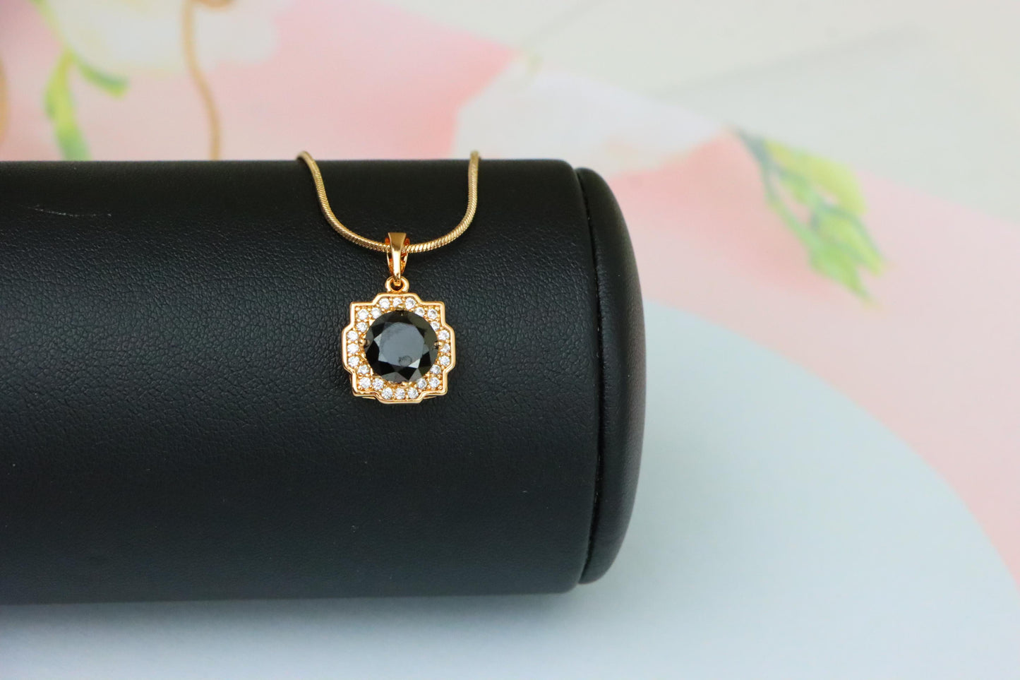 Black Round Pendant with White Halo in Rose Gold, XPPT1635 (2149-6)