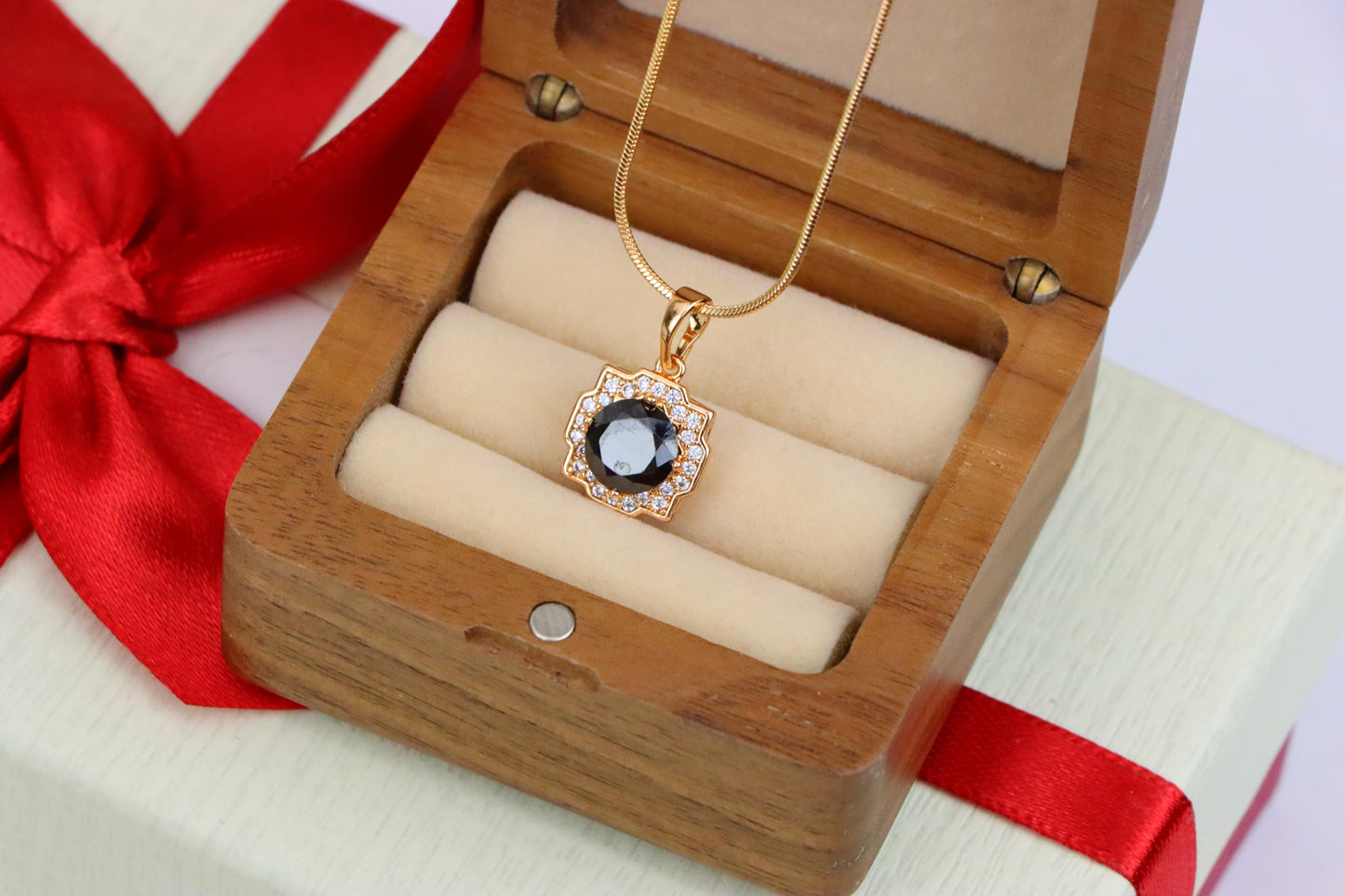 Black Round Pendant with White Halo in Rose Gold, XPPT1635 (2149-6)