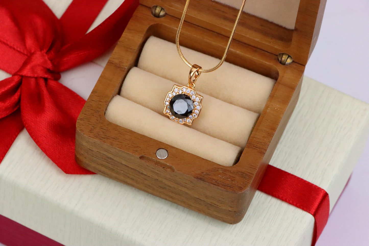 Black Round Pendant with White Halo in Rose Gold, XPPT1635 (2149-6)