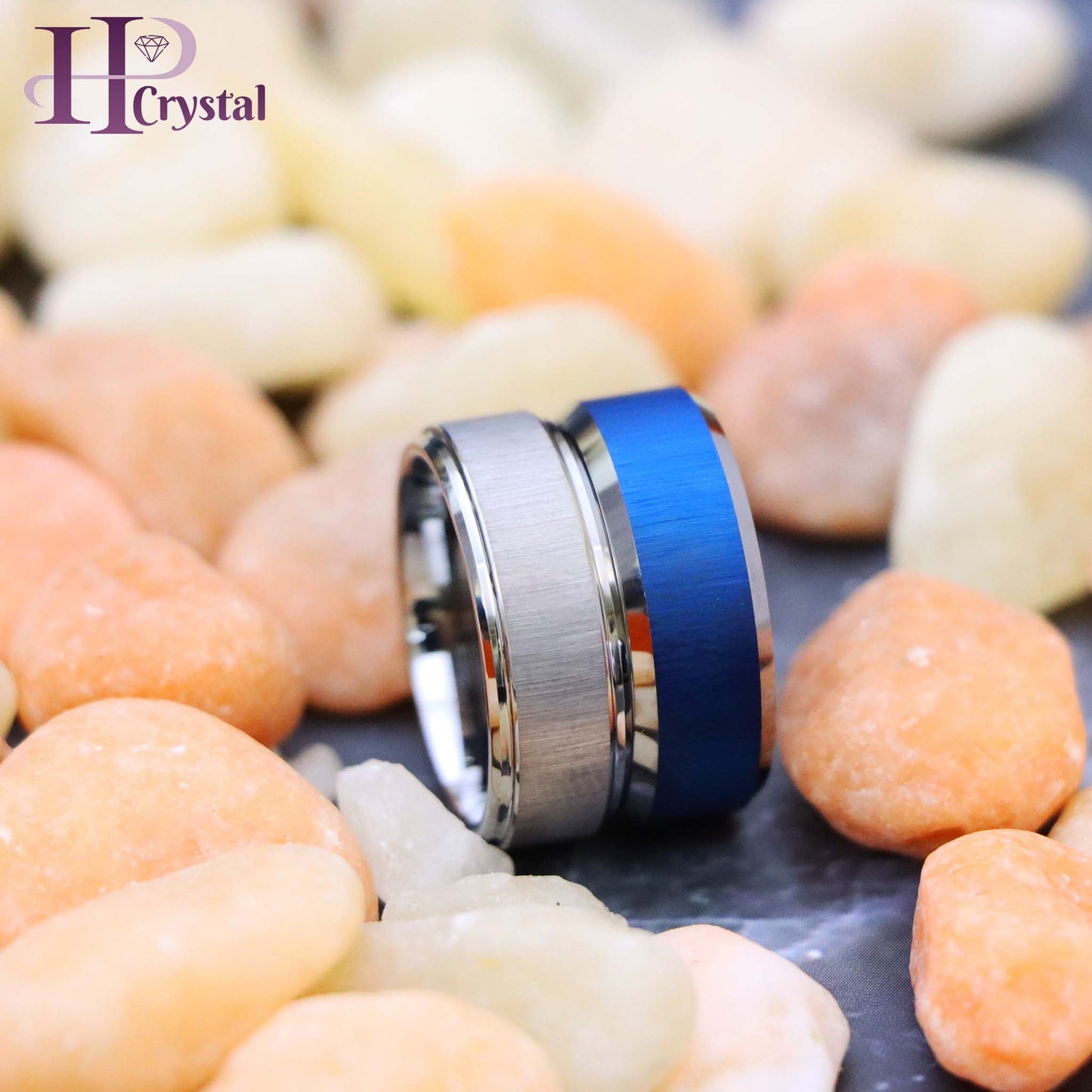 Blue/White IP Reflective Finish Beveled Edge Tungsten Ring