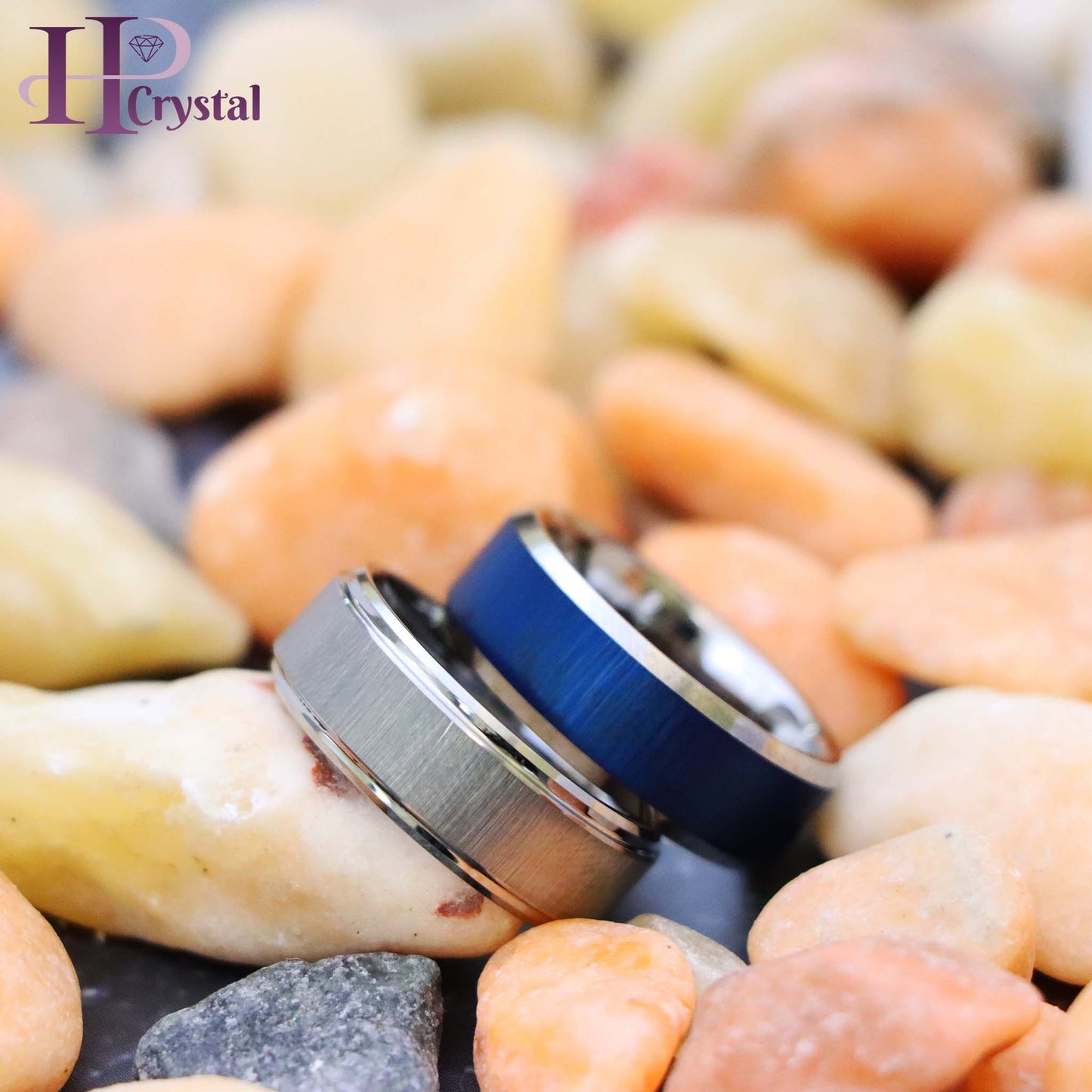 Blue/White IP Reflective Finish Beveled Edge Tungsten Ring