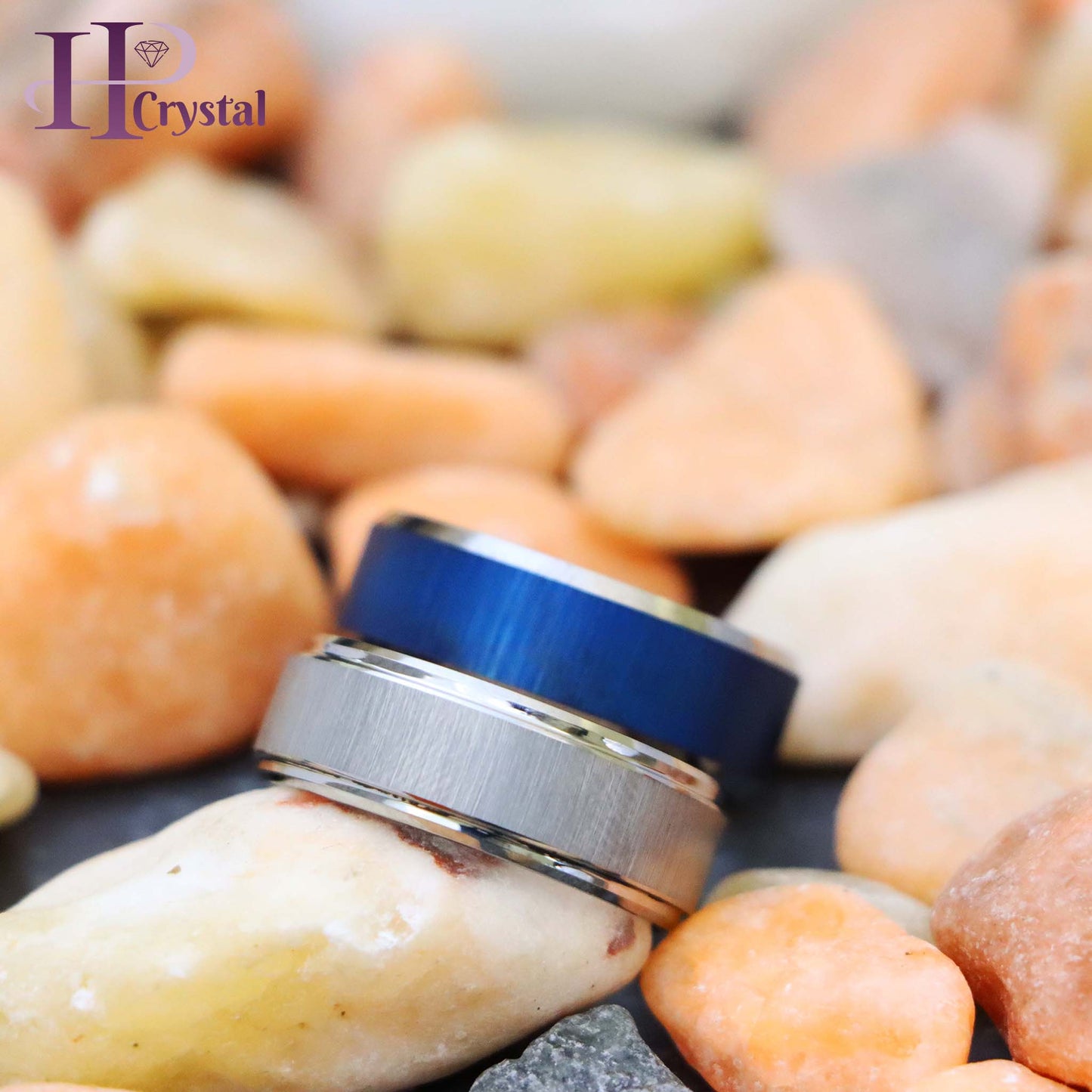 Blue/White IP Reflective Finish Beveled Edge Tungsten Ring