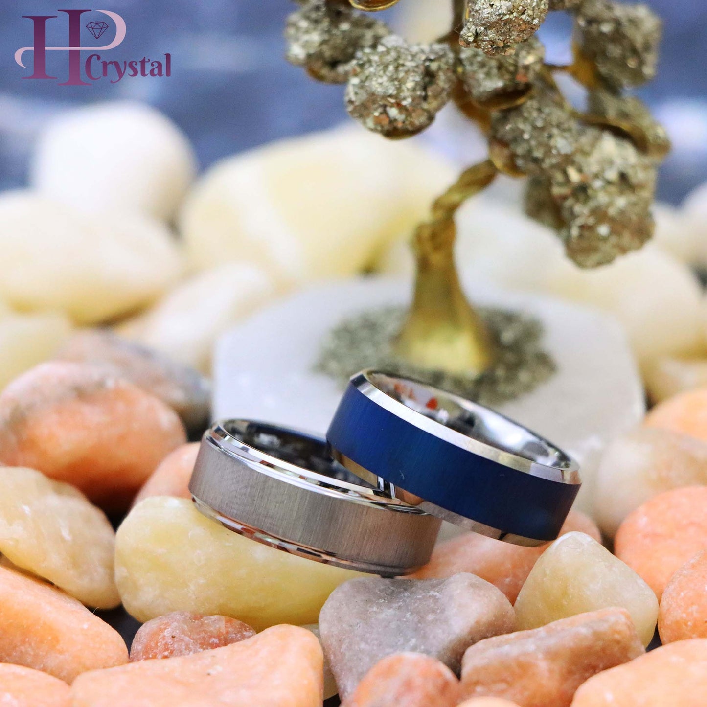 Blue/White IP Reflective Finish Beveled Edge Tungsten Ring