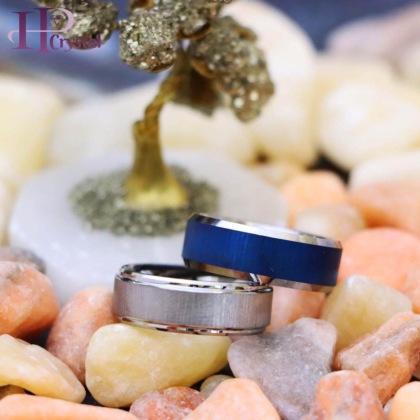 Blue/White IP Reflective Finish Beveled Edge Tungsten Ring