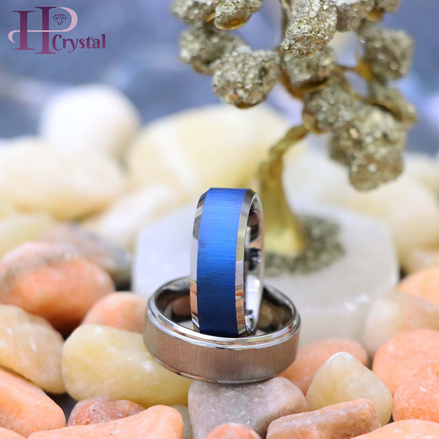 Blue/White IP Reflective Finish Beveled Edge Tungsten Ring