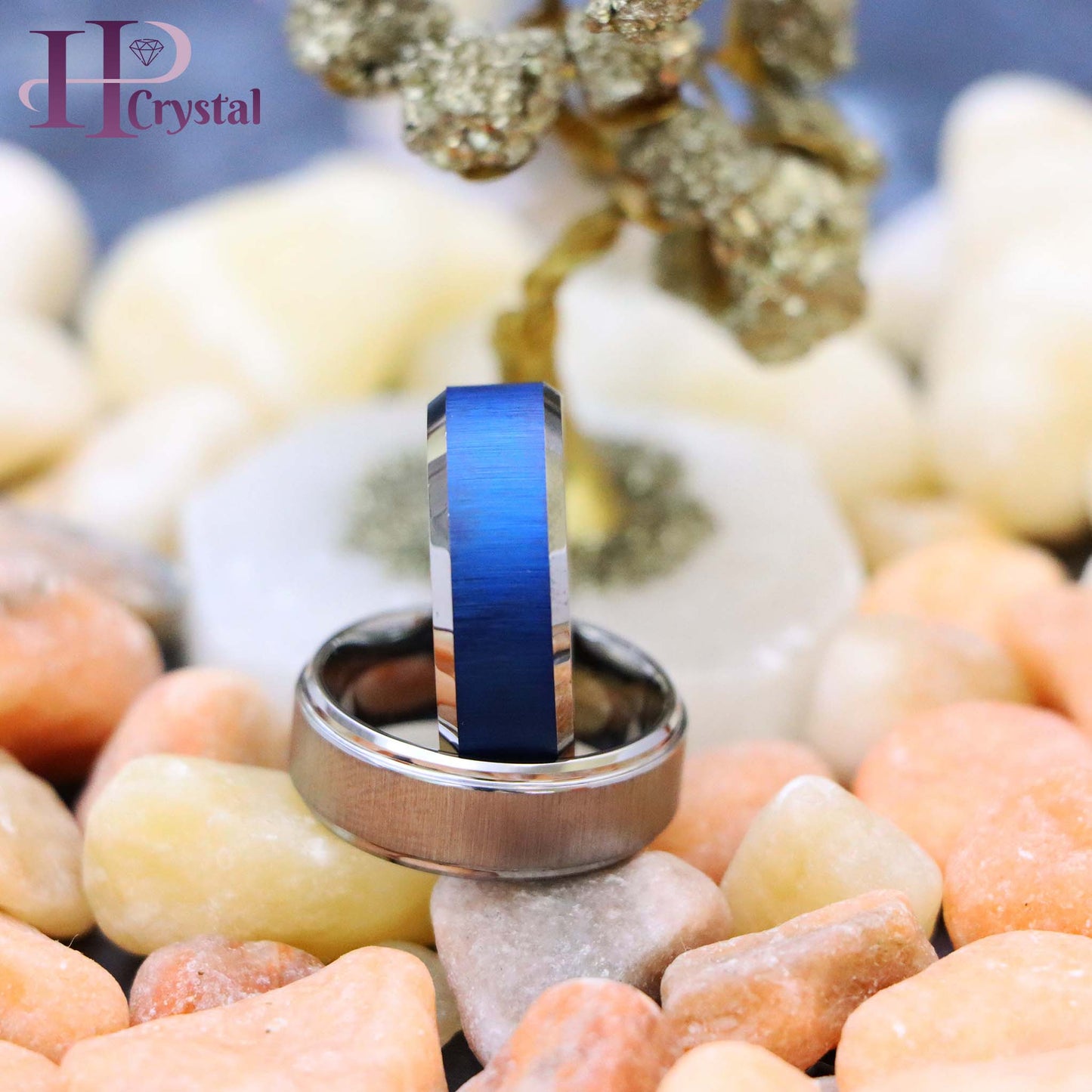 Blue/White IP Reflective Finish Beveled Edge Tungsten Ring