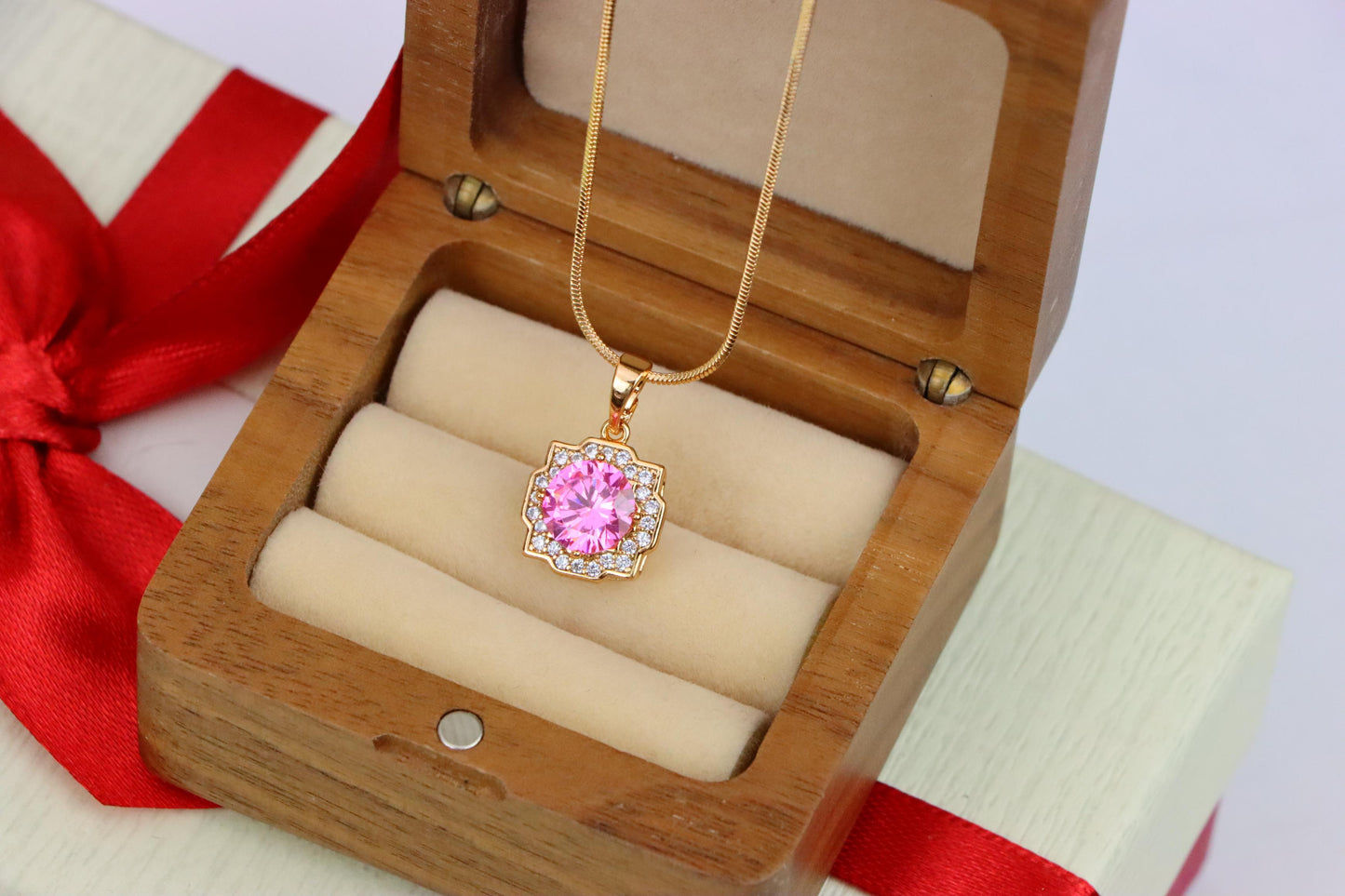 Pink Round Pendant with Sparkling Halo in Rose Gold, XPPT1636 (2149-6)