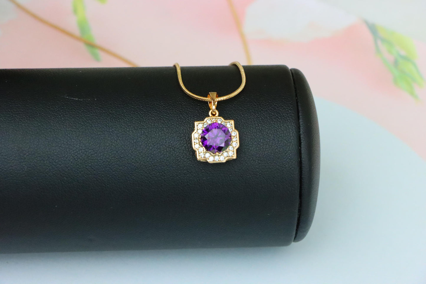 Purple Round Pendant in Rose Gold with Halo Detailing, XPPT1637 (2149-6)