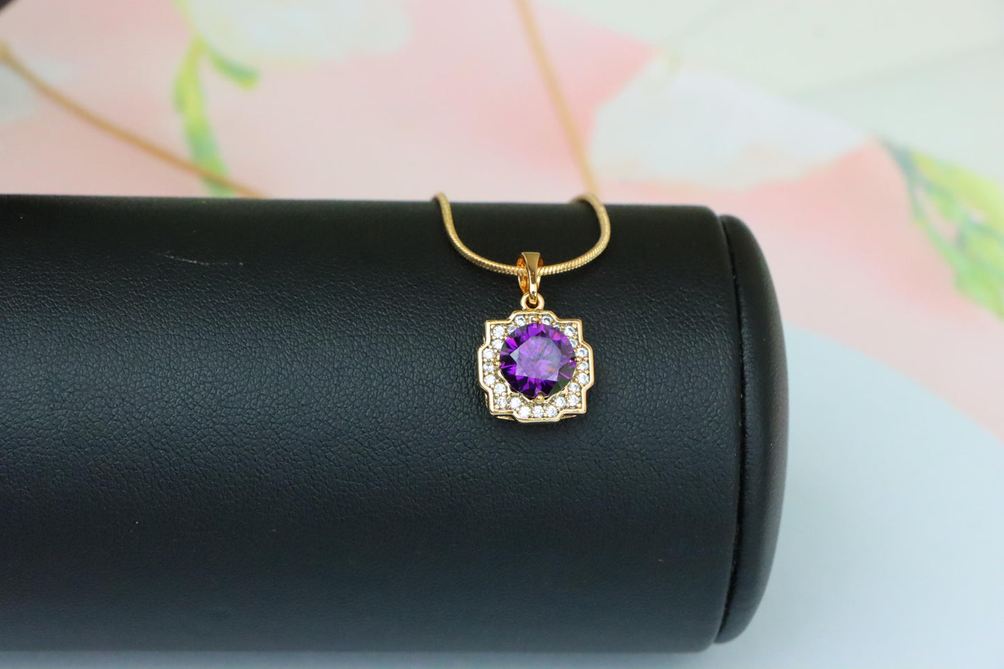 Purple Round Pendant in Rose Gold with Halo Detailing, XPPT1637 (2149-6)