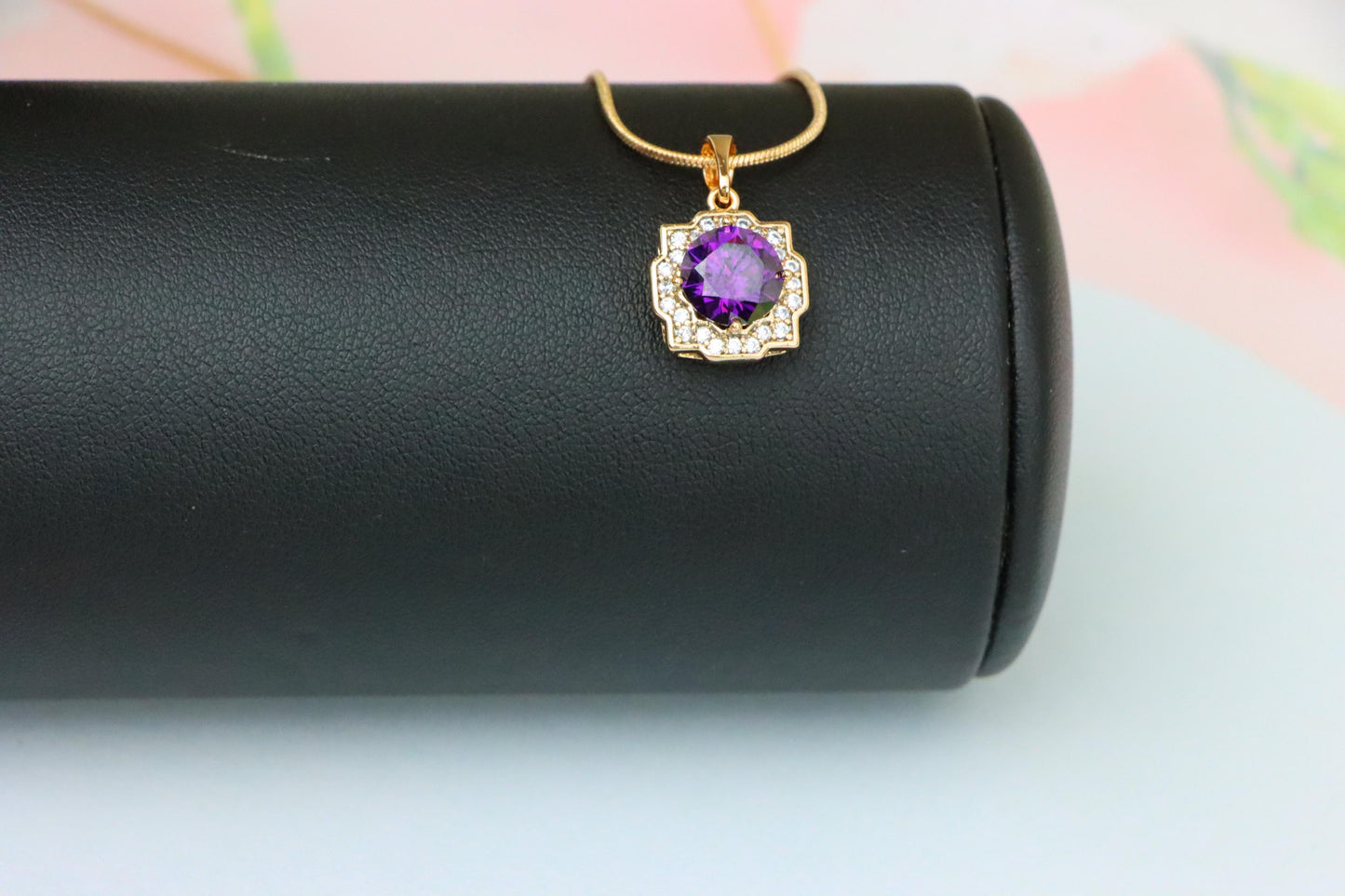 Purple Round Pendant in Rose Gold with Halo Detailing, XPPT1637 (2149-6)