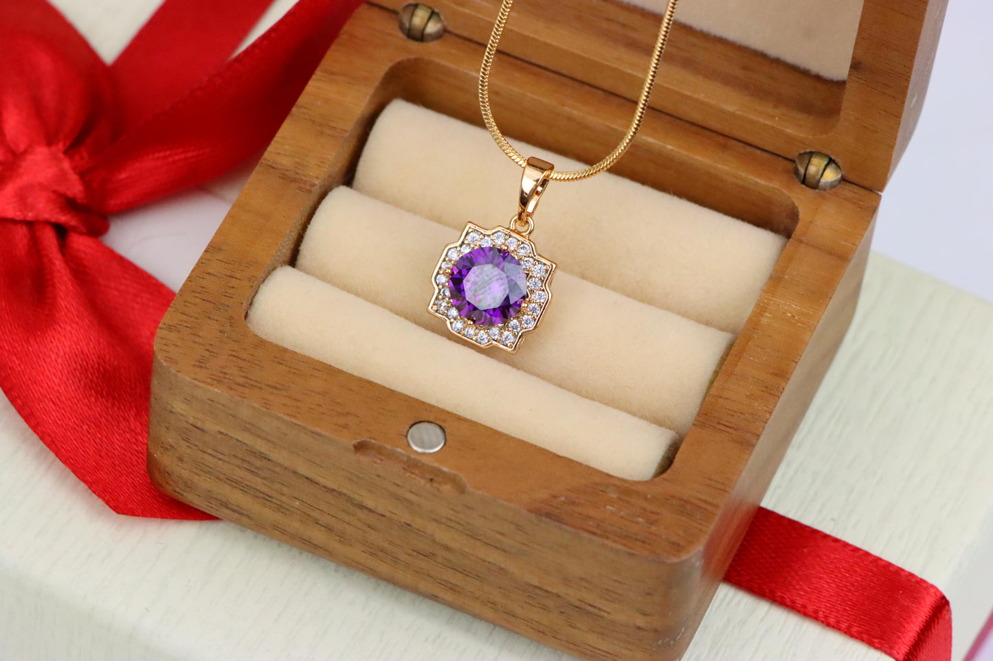 Purple Round Pendant in Rose Gold with Halo Detailing, XPPT1637 (2149-6)