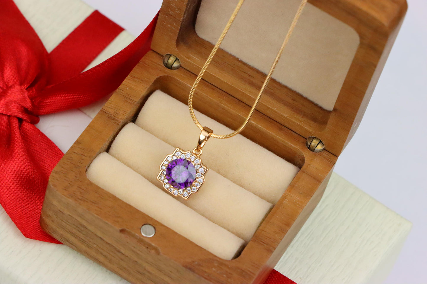 Purple Round Pendant in Rose Gold with Halo Detailing, XPPT1637 (2149-6)