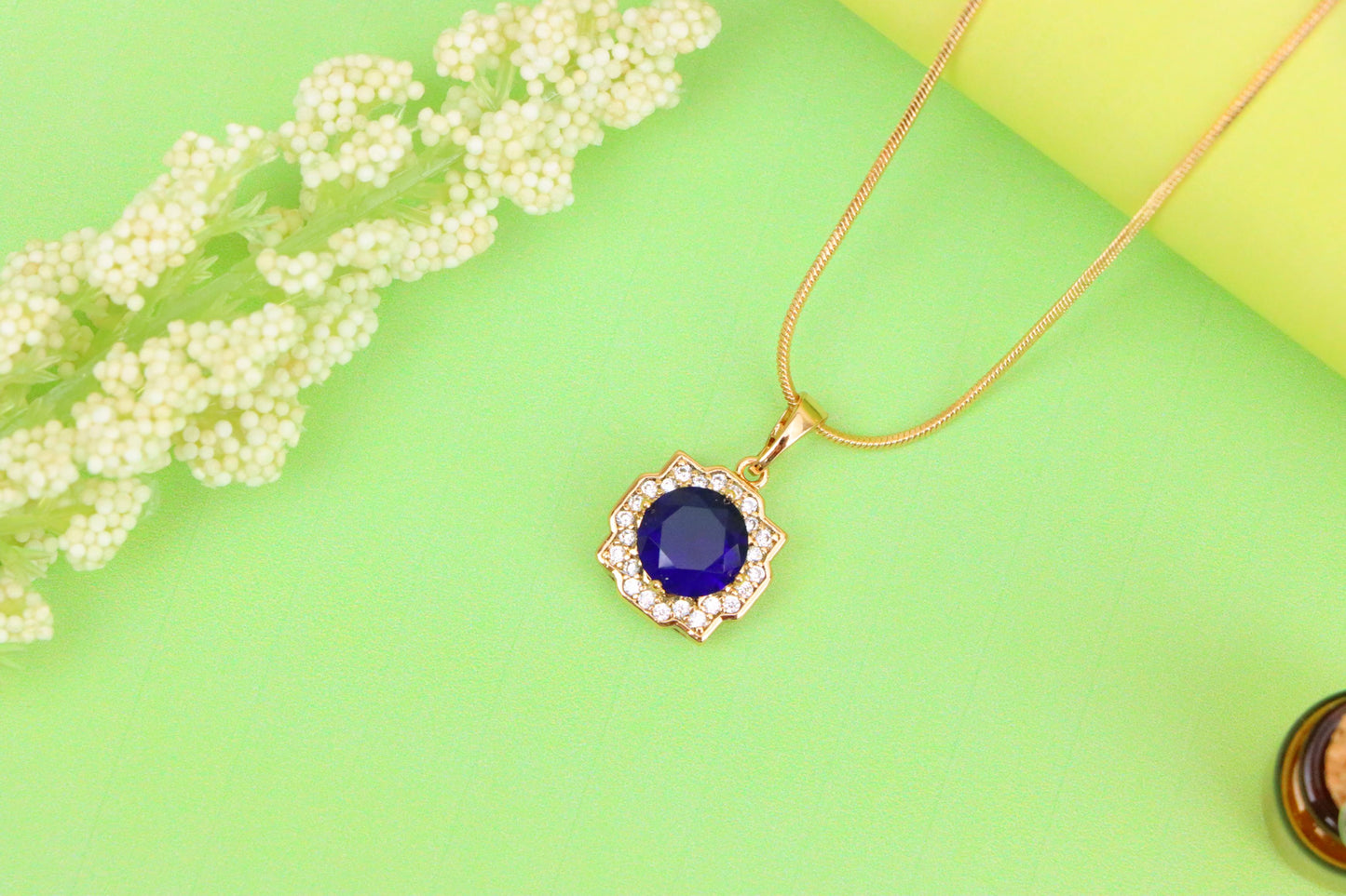 Blue Round Pendant in Gold with Crystal Halo, XPPT1638 (2149-6)