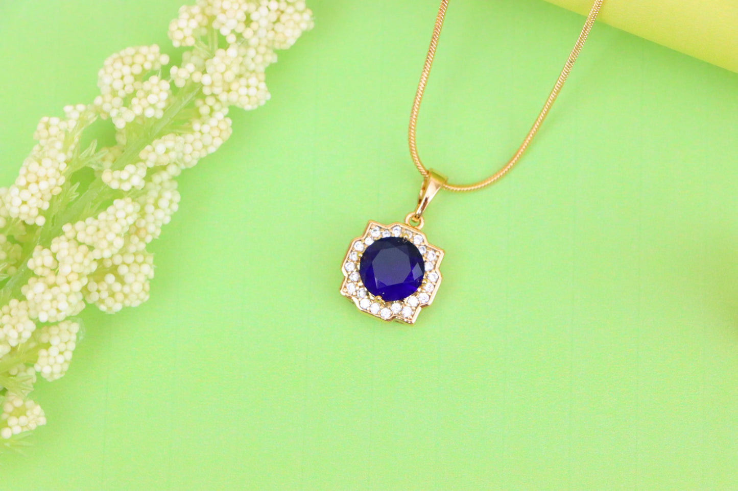 Blue Round Pendant in Gold with Crystal Halo, XPPT1638 (2149-6)