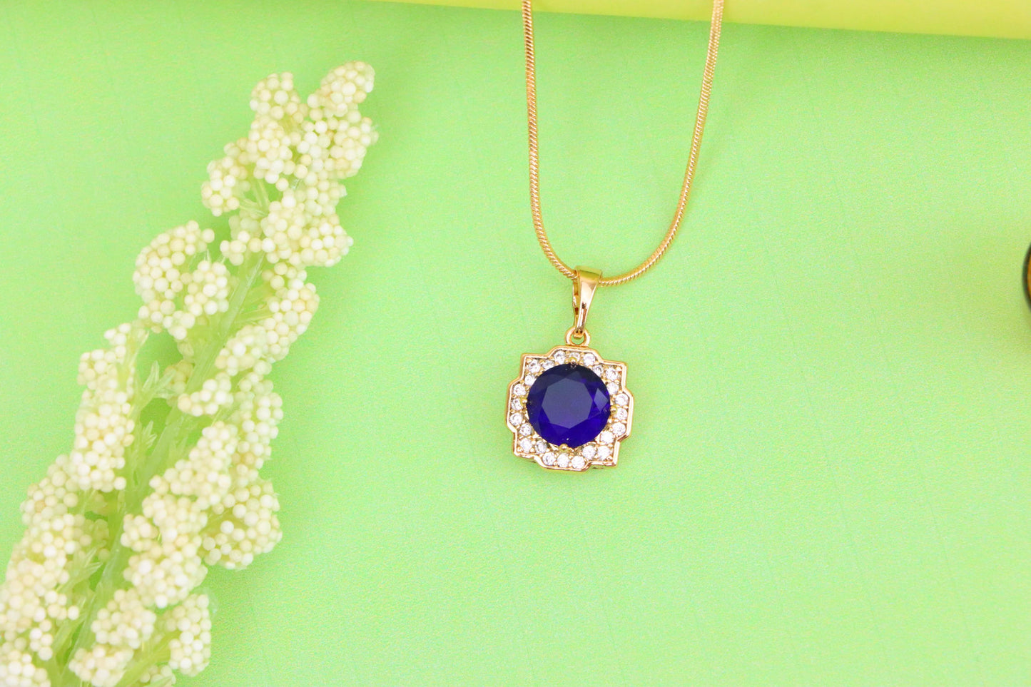 Blue Round Pendant in Gold with Crystal Halo, XPPT1638 (2149-6)