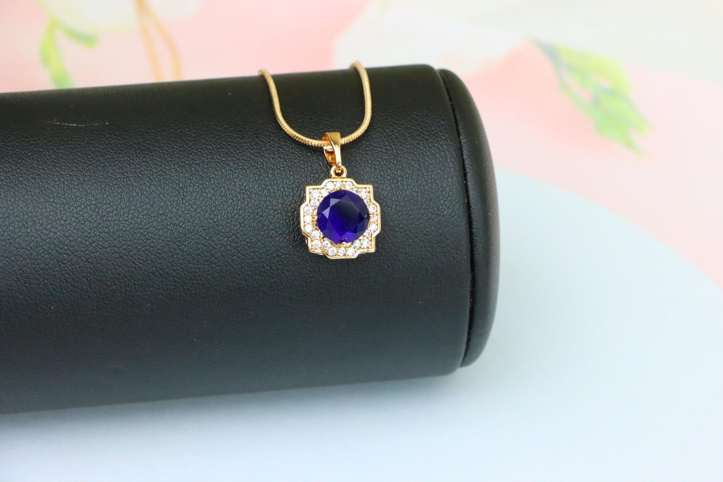 Blue Round Pendant in Gold with Crystal Halo, XPPT1638 (2149-6)