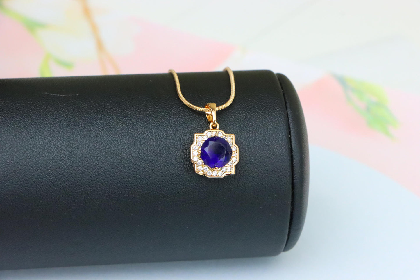 Blue Round Pendant in Gold with Crystal Halo, XPPT1638 (2149-6)
