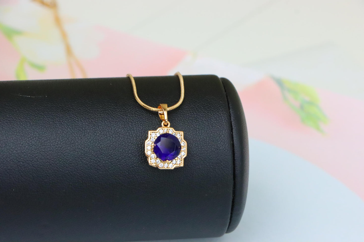 Blue Round Pendant in Gold with Crystal Halo, XPPT1638 (2149-6)