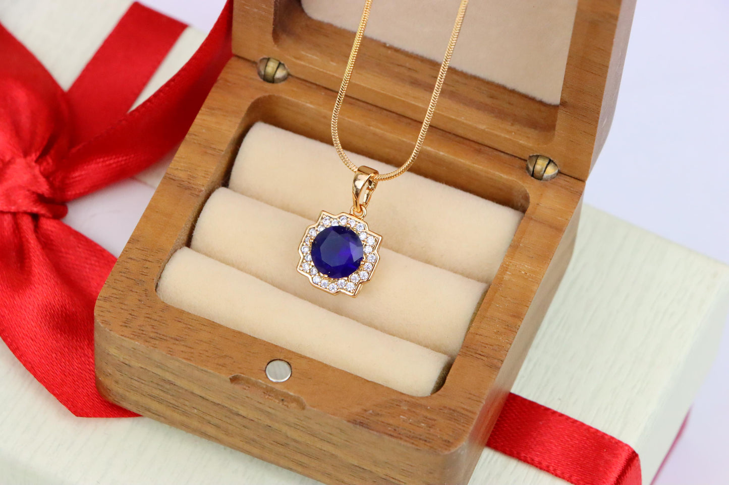 Blue Round Pendant in Gold with Crystal Halo, XPPT1638 (2149-6)