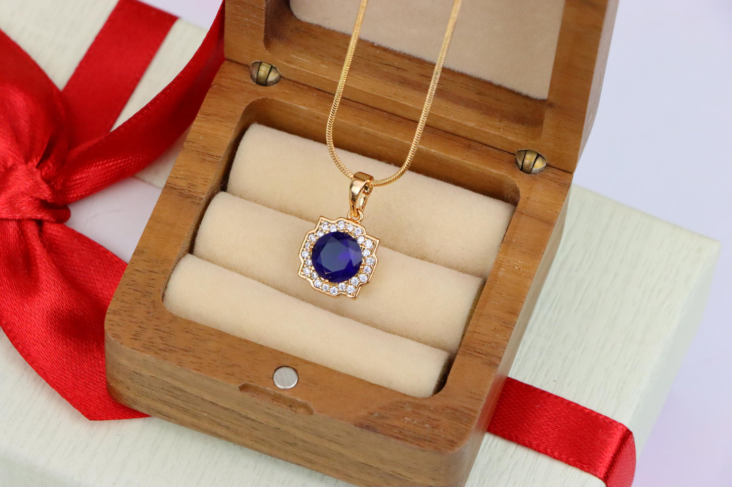 Blue Round Pendant in Gold with Crystal Halo, XPPT1638 (2149-6)