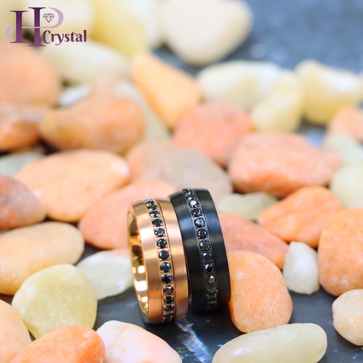 Stylish Black IP Tungsten Ring – Rose Gold & Black CZ Eternity Design
