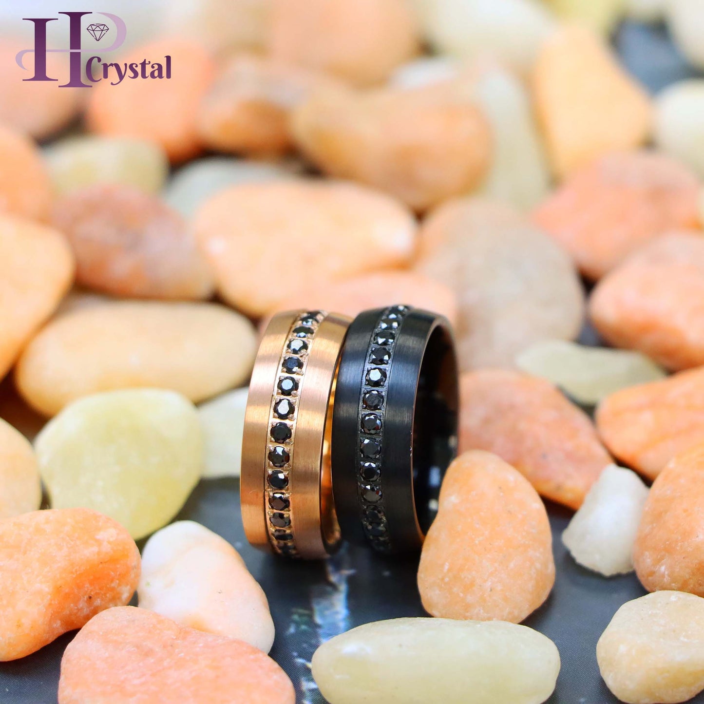 Stylish Black IP Tungsten Ring – Rose Gold & Black CZ Eternity Design