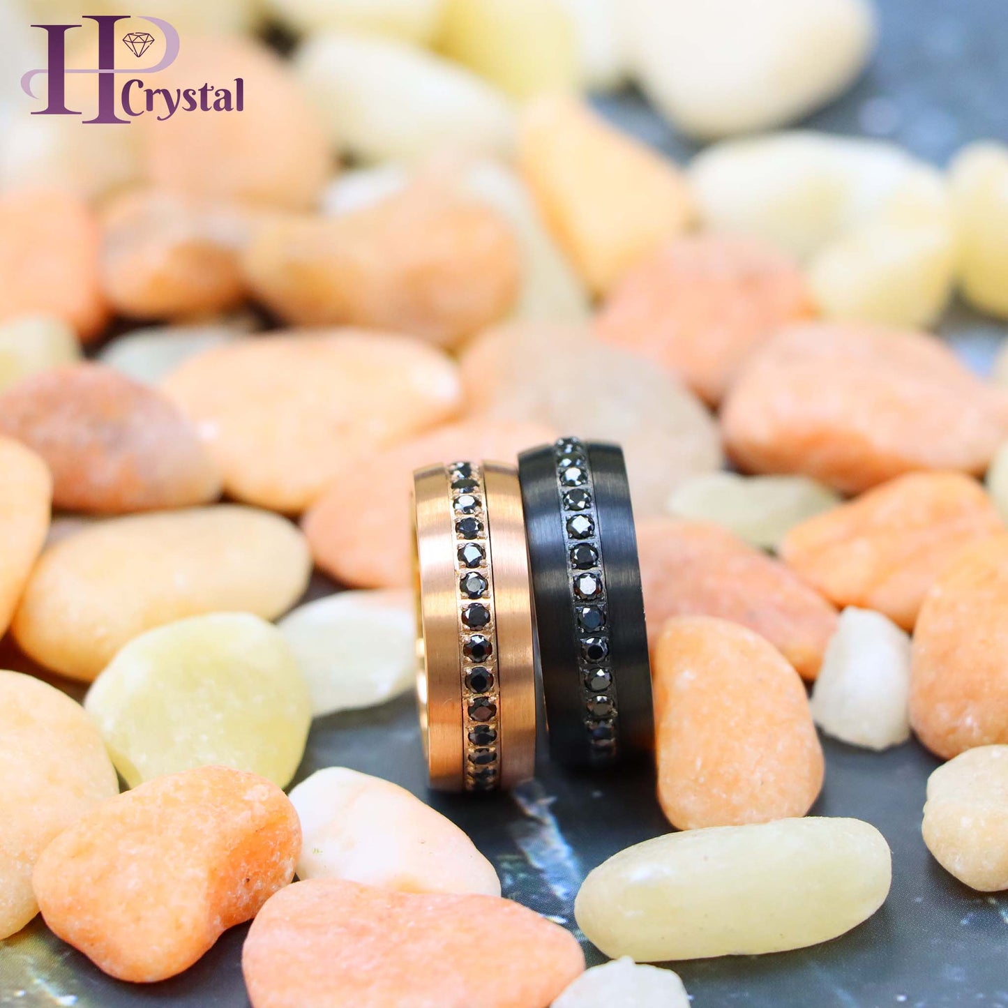 Stylish Black IP Tungsten Ring – Rose Gold & Black CZ Eternity Design