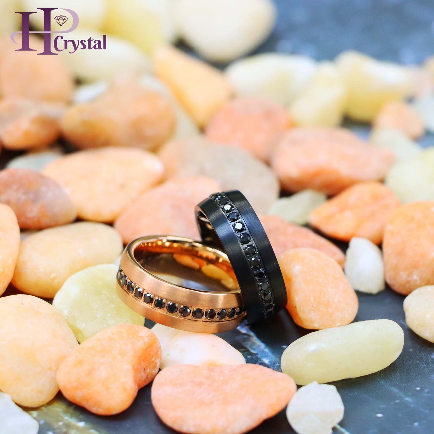 Stylish Black IP Tungsten Ring – Rose Gold & Black CZ Eternity Design