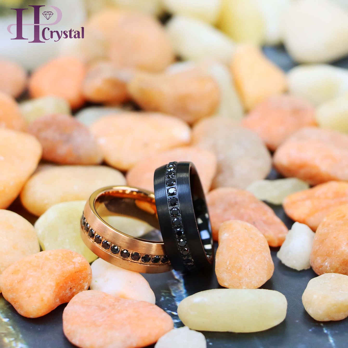 Stylish Black IP Tungsten Ring – Rose Gold & Black CZ Eternity Design