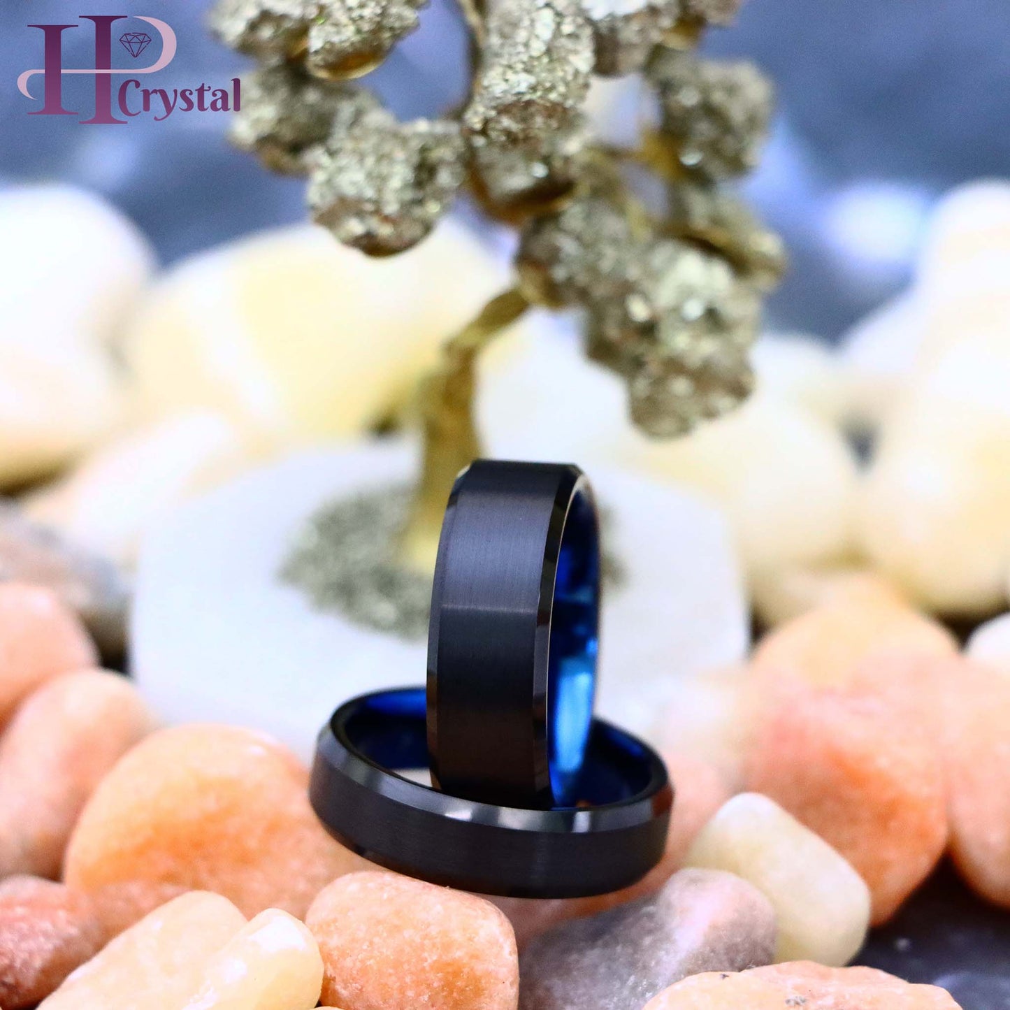 Black Outside Blue Inside IP Plated Tungsten Ring with Brushed Center and Beveled Edge (MARET905)