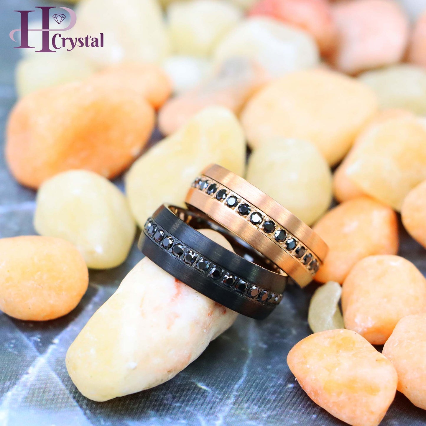 Stylish Black IP Tungsten Ring – Rose Gold & Black CZ Eternity Design