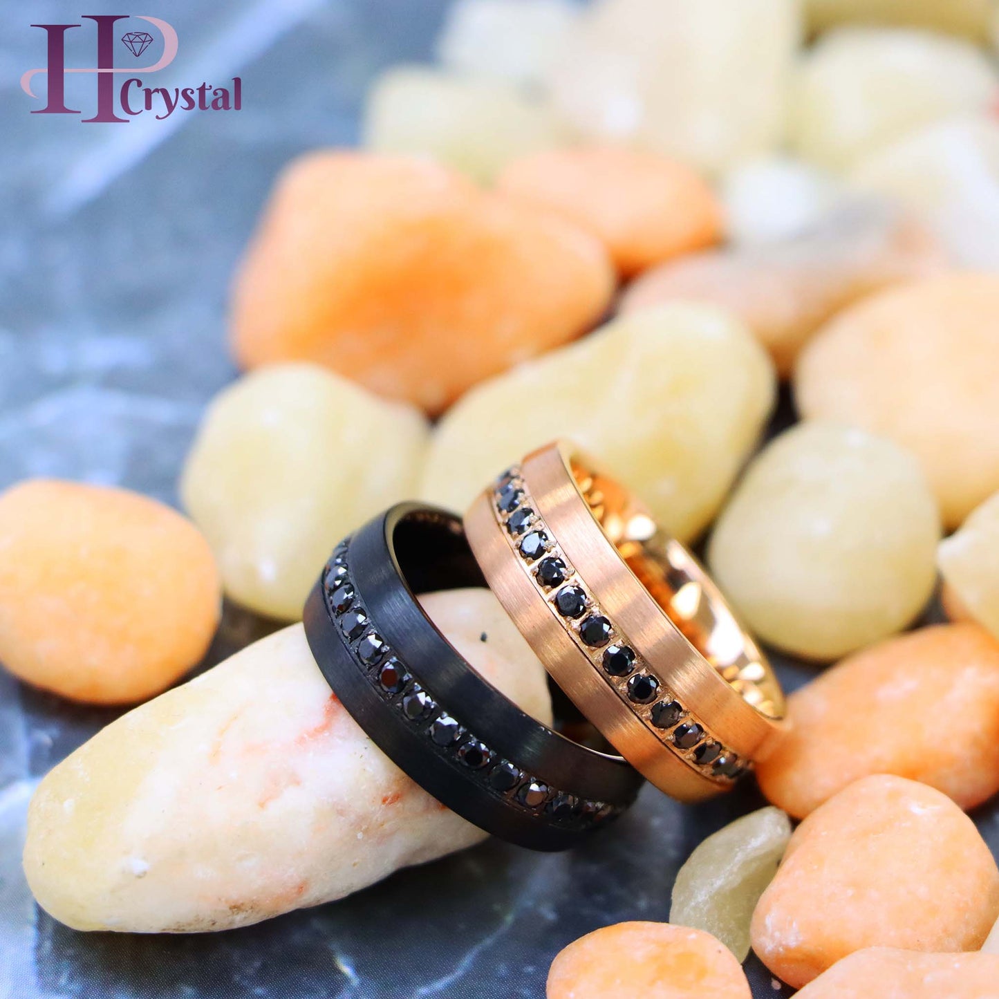 Stylish Black IP Tungsten Ring – Rose Gold & Black CZ Eternity Design