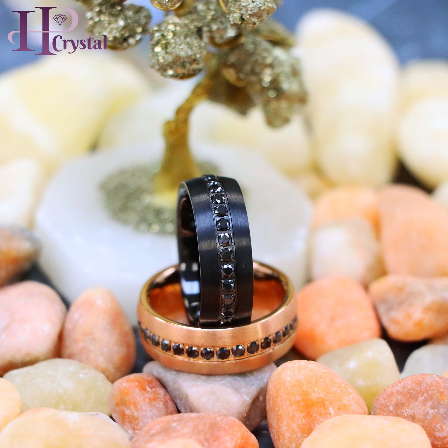 Stylish Black IP Tungsten Ring – Rose Gold & Black CZ Eternity Design
