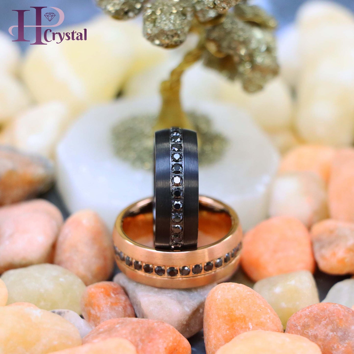 Stylish Black IP Tungsten Ring – Rose Gold & Black CZ Eternity Design